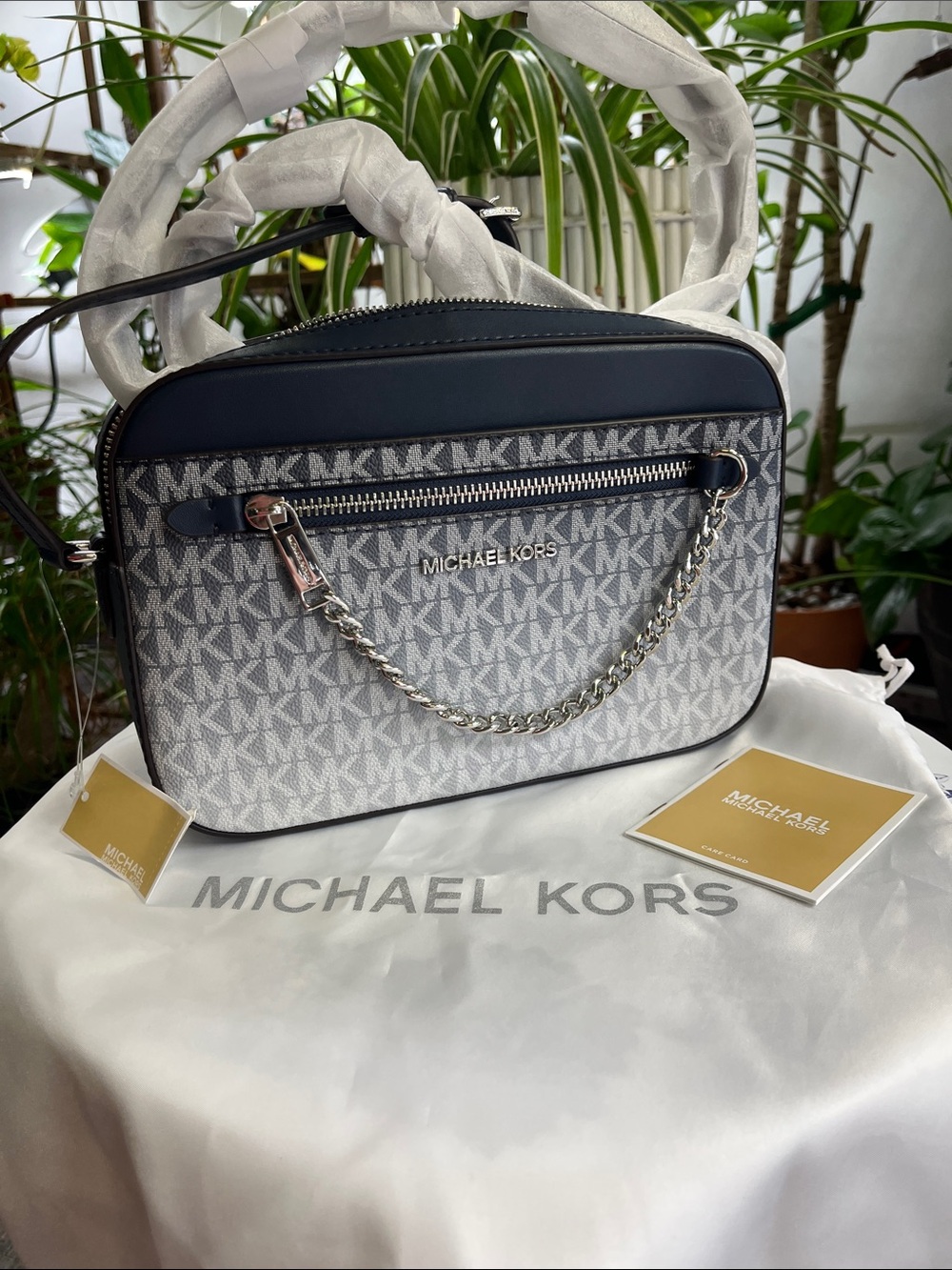 Michael Kors Navy and White Monogram Crossbody with Silver Chain